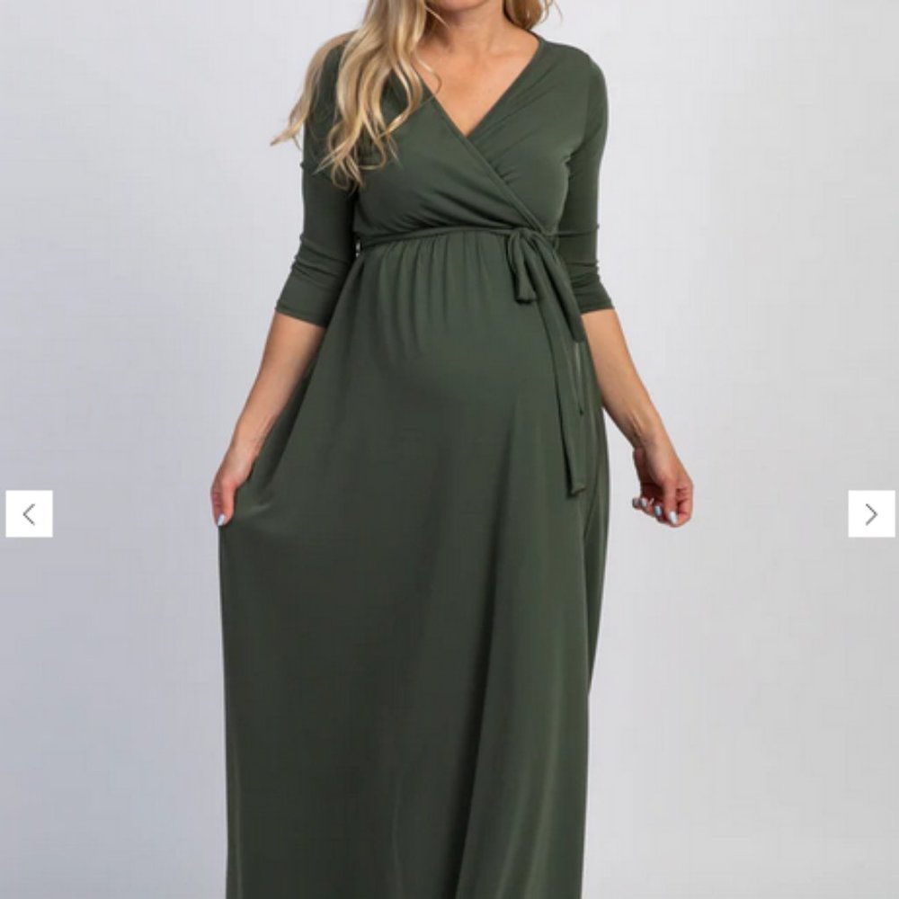 PinkBlush Olive Green Draped 3/4 Sleeve Maternity Maxi Dress